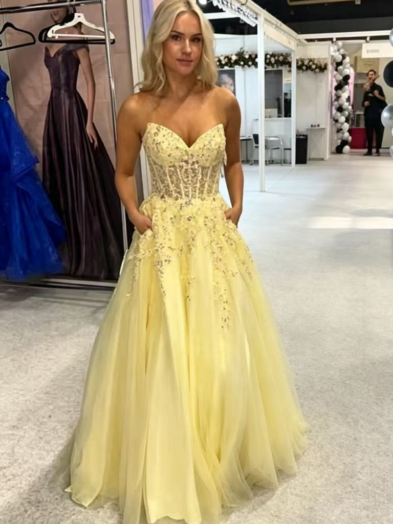 A Line V Neck Strapless Yellow Lace Long Prom Dresses, Yellow Lace Formal Graduation Evening Dresses SP3512