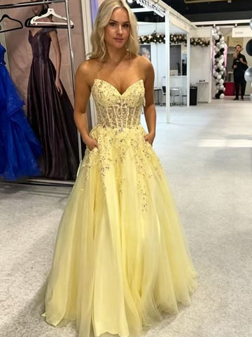 A Line V Neck Strapless Yellow Lace Long Prom Dresses, Yellow Lace Formal Graduation Evening Dresses SP3512