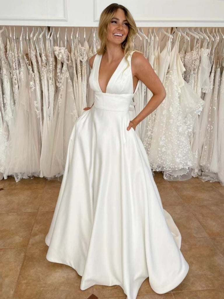 A Line V Neck White Satin Long Prom Dresses, V Neck White Formal Graduation Evening Dresses SP2713 A Line V Neck White Satin Long Prom Dresses, V Neck White Formal Graduation Evening Dresses SP2713