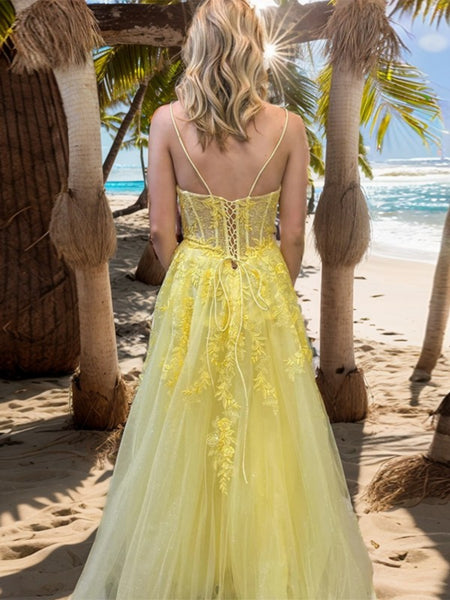 A Line V Neck Yellow Lace Long Prom Dresses, Yellow Lace Formal Dresses, Yellow Evening Dresses SP2906