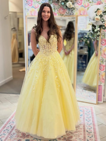 A Line V Neck Yellow Lace Long Prom Dresses, Yellow Lace Formal Dresses, Yellow Evening Dresses SP3372