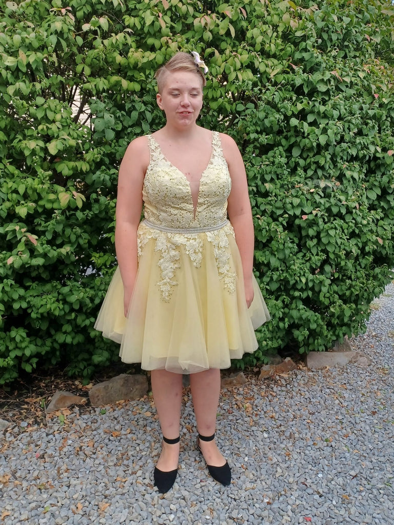 A Line V Neck Yellow Lace Prom Dresses with Belt, Short Yellow Lace Ho Shiny Party A Line V Neck Yellow Lace Prom Dresses with Belt, Short Yellow Lace Ho Shiny Party