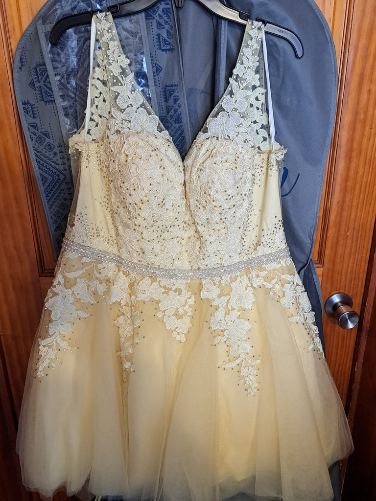 A Line V Neck Yellow Lace Prom Dresses with Belt, Short Yellow Lace Ho Shiny Party A Line V Neck Yellow Lace Prom Dresses with Belt, Short Yellow Lace Ho Shiny Party