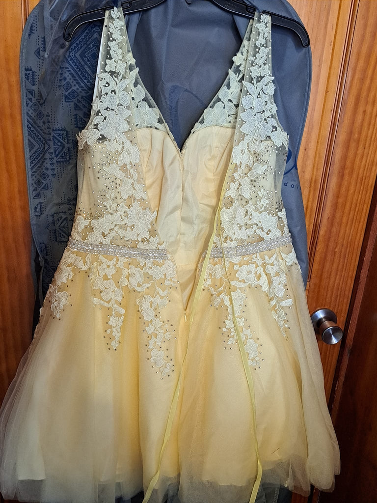 A Line V Neck Yellow Lace Prom Dresses with Belt, Short Yellow Lace Ho Shiny Party A Line V Neck Yellow Lace Prom Dresses with Belt, Short Yellow Lace Ho Shiny Party