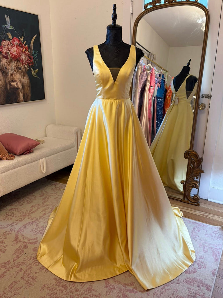 A Line V Neck Yellow Satin Long Prom Dresses, Yellow Satin Formal Dresses, Long Yellow Evening Dresses SP3422
