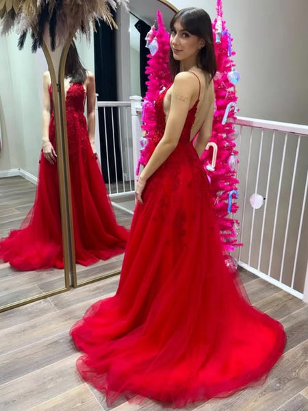 A Line V Neck and V Back Red Lace Long Prom Dresses, Red Lace Formal Dresses, Red Evening Dresses SP3390