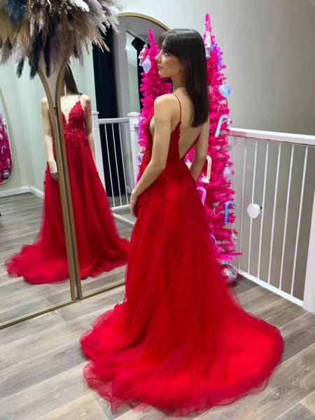 A Line V Neck and V Back Red Lace Long Prom Dresses, Red Lace Formal Dresses, Red Evening Dresses SP3390