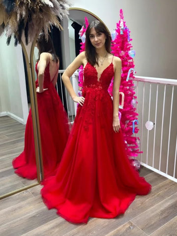 A Line V Neck and V Back Red Lace Long Prom Dresses, Red Lace Formal Dresses, Red Evening Dresses SP3390