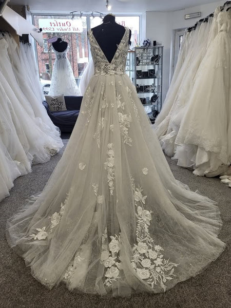 A Line V Neck and V Back White Lace Long Prom Dresses, White Lace Wedding Dresses with Appliques, White Formal Evening Dresses SP3393