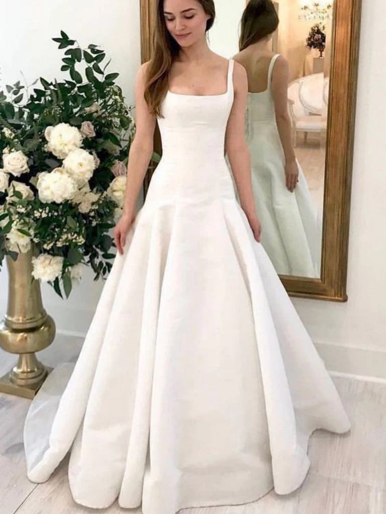 A Line White Satin Long Prom Dresses, Open Back Ivory Formal Graduatio Shiny Party A Line White Satin Long Prom Dresses, Open Back Ivory Formal Graduatio Shiny Party