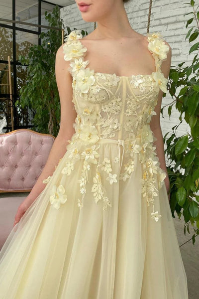 A Line Yellow Lace Floral Long Prom Dresses, Yellow Formal Evening Dresses with Lace Appliques SP2987
