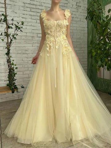 A Line Yellow Lace Floral Long Prom Dresses, Yellow Formal Evening Dresses with Lace Appliques SP2987