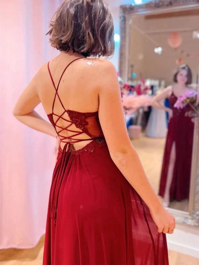 Backless A Line V Neck Burgundy Lace Long Prom Dresses with Side Split Shiny Party Backless A Line V Neck Burgundy Lace Long Prom Dresses with Side Split Shiny Party