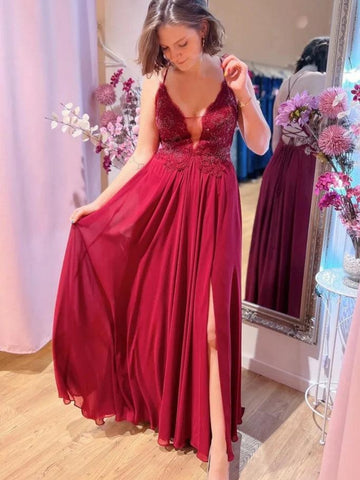 Backless A Line V Neck Burgundy Lace Long Prom Dresses with Side Split, Burgundy Lace Formal Dresses, Wine Red Evening Dresses SP2938