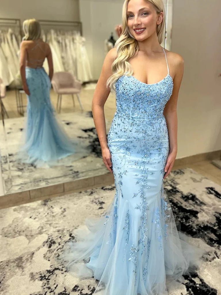 Backless Mermaid Beaded Blue Lace Long Prom Dresses, Mermaid Blue Formal Dresses, Blue Evening Dresses SP2820