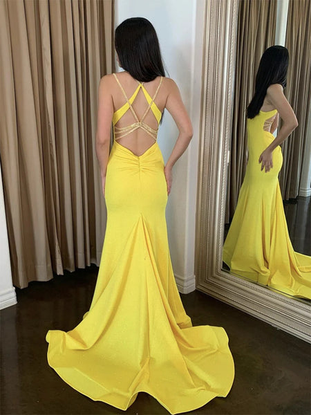 Backless Mermaid Yellow Long Prom Dresses with Train, Mermaid Yellow Formal Dresses, Long Yellow Evening Dresses SP2814