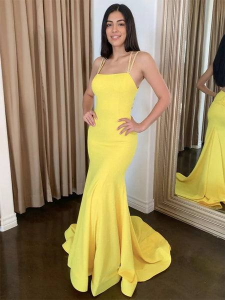 Backless Mermaid Yellow Long Prom Dresses with Train, Mermaid Yellow Formal Dresses, Long Yellow Evening Dresses SP2814