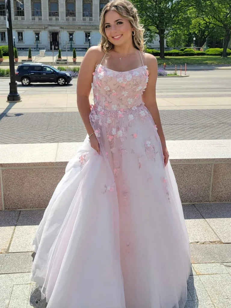 Backless Pink Lace Floral Long Prom Dresses, Pink Lace Formal