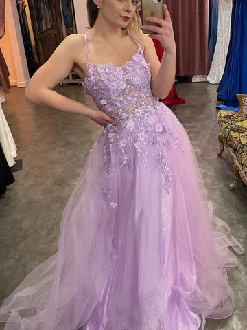 Beaded Lilac Lace Floral Long Prom Dresses, Lilac Lace Formal Dresses, Beaded Lilac Evening Dresses SP2787