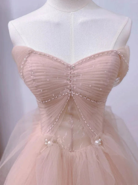 Cap Sleeves Beaded Pink Tulle Long Prom Dresses, Long Pink Formal Graduation Evening Dresses SP2914