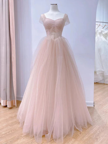 Cap Sleeves Beaded Pink Tulle Long Prom Dresses, Long Pink Formal Graduation Evening Dresses SP2914