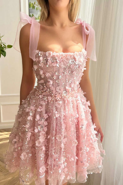 Cute A Line Pink Lace Floral Prom Dresses, Beaded Pink Homecoming Dresses, Short Pink Formal Evening Dresses with 3D Flowers SP2964