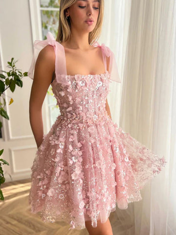 Cute A Line Pink Lace Floral Prom Dresses, Beaded Pink Homecoming Dresses, Short Pink Formal Evening Dresses with 3D Flowers SP2964