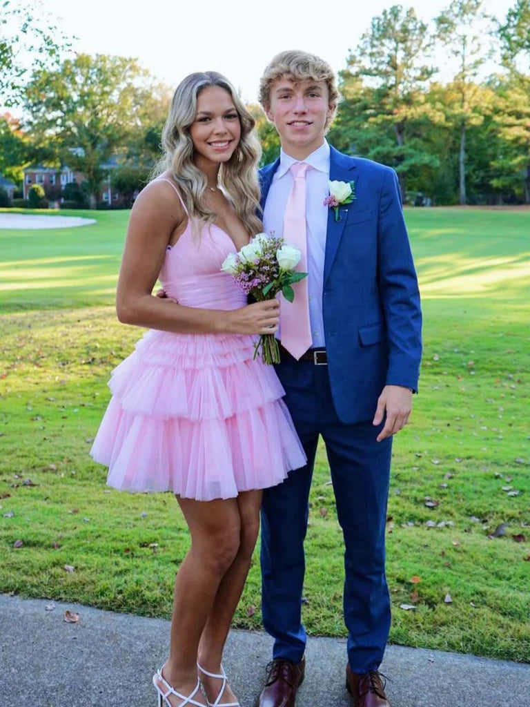 Cute A Line V Neck Layered Tulle Pink Prom Dresses, V Neck Pink Homecoming Dresses, Short Pink Formal Evening Dresses SP2960 Cute A Line V Neck Layered Tulle Pink Prom Dresses, V Neck Pink Homecoming Dresses, Short Pink Formal Evening Dresses SP2960