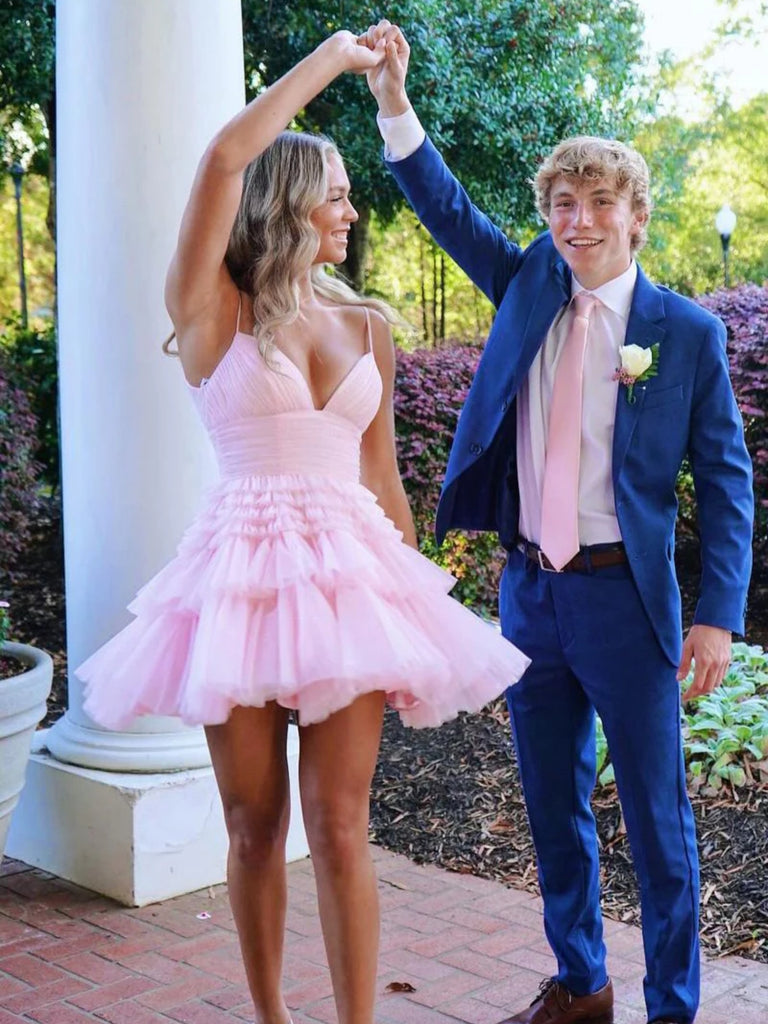 Cute A Line V Neck Layered Tulle Pink Prom Dresses, V Neck Pink Homecoming Dresses, Short Pink Formal Evening Dresses SP2960 Cute A Line V Neck Layered Tulle Pink Prom Dresses, V Neck Pink Homecoming Dresses, Short Pink Formal Evening Dresses SP2960