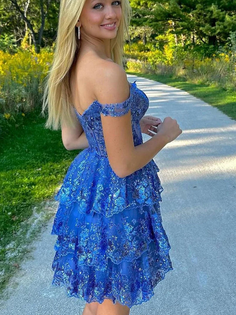 Cute Off the Shoulder Layered Blue Lace Prom Dresses, Blue Lace Homeco Shiny Party Cute Off the Shoulder Layered Blue Lace Prom Dresses, Blue Lace Homeco Shiny Party
