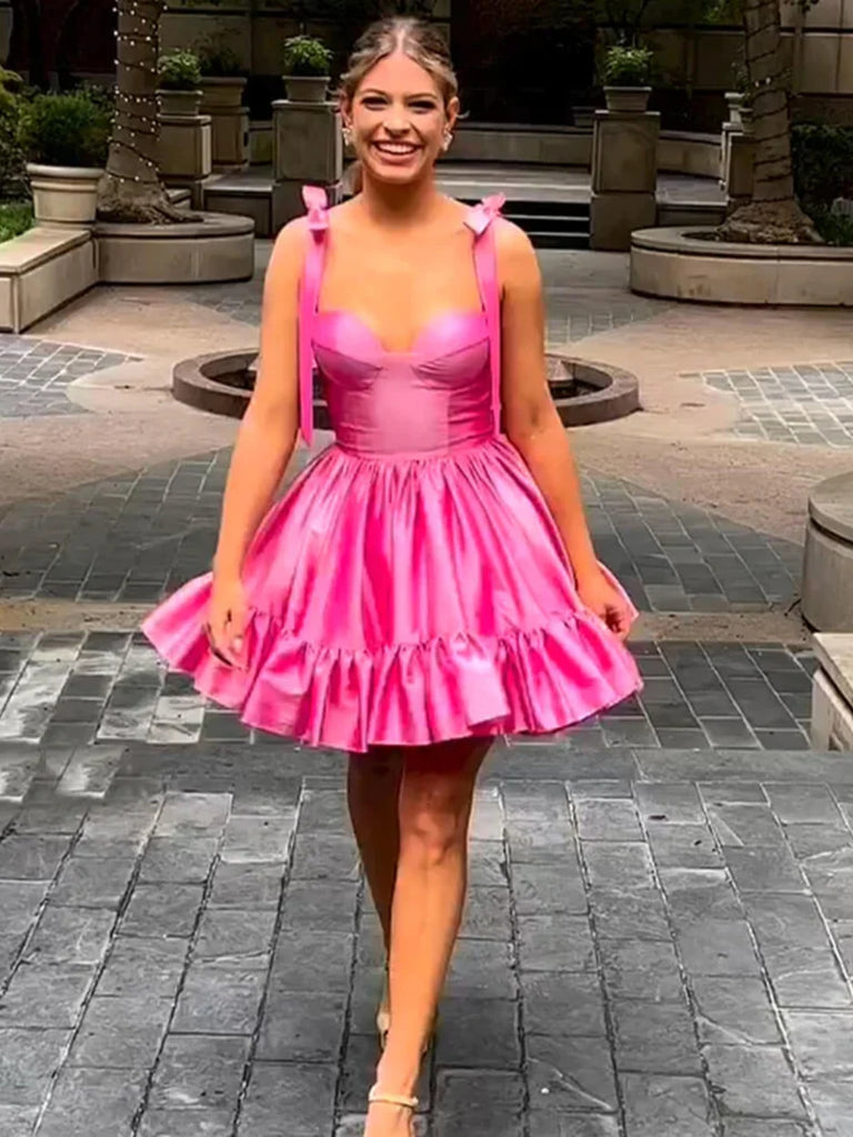Cute Pink Satin Short Prom Dresses, Sweetheart Neck Pink Homecoming Dr Shiny Party Cute Pink Satin Short Prom Dresses, Sweetheart Neck Pink Homecoming Dr Shiny Party