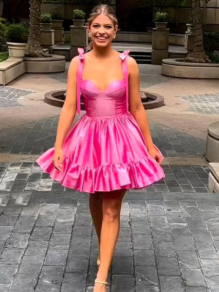 Cute Pink Satin Short Prom Dresses, Sweetheart Neck Pink Homecoming Dr
