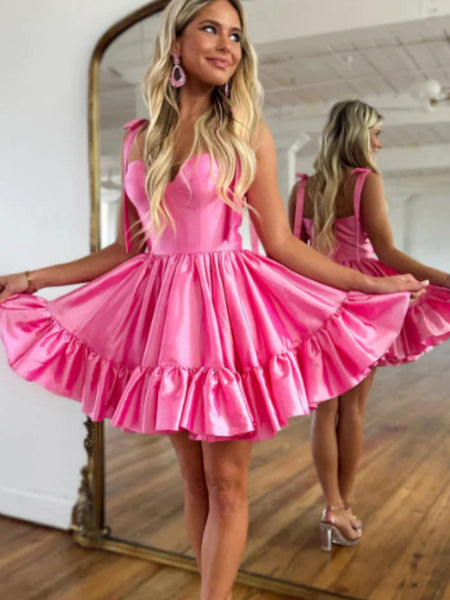 Cute Pink Satin Short Prom Dresses, Sweetheart Neck Pink Homecoming Dresses, Short Pink Formal Graduation Evening Dresses SP2742