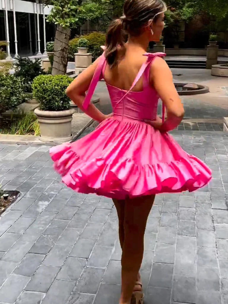 Cute Pink Satin Short Prom Dresses, Sweetheart Neck Pink Homecoming Dr – Shiny Party Cute Pink Satin Short Prom Dresses, Sweetheart Neck Pink Homecoming Dr – Shiny Party