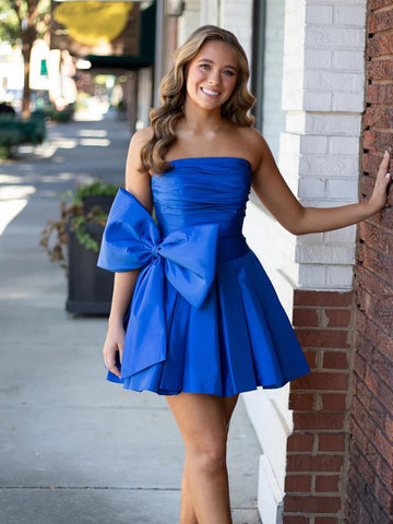 Cute Strapless Blue Satin Short Prom Dresses with Bow Tie, Strapless Blue Homecoming Dresses, Blue Formal Evening Dresses SP2966