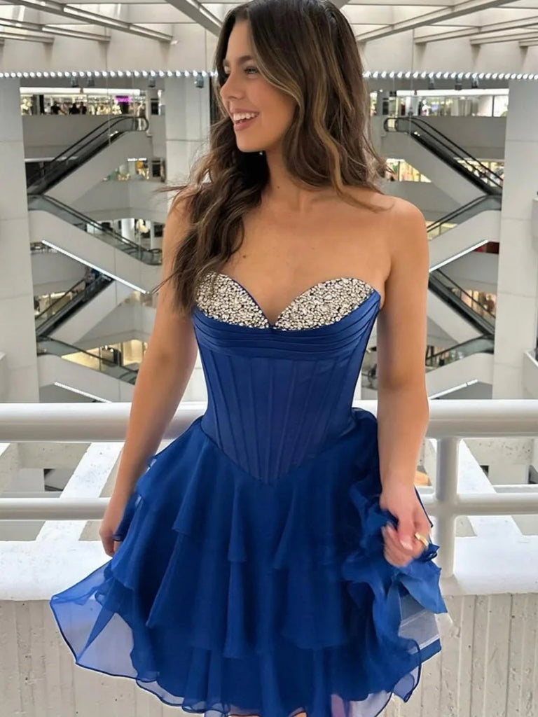 Cute Sweetheart Neck Blue Short Prom Dresses with Sequins, Blue Homeco Shiny Party Cute Sweetheart Neck Blue Short Prom Dresses with Sequins, Blue Homeco Shiny Party