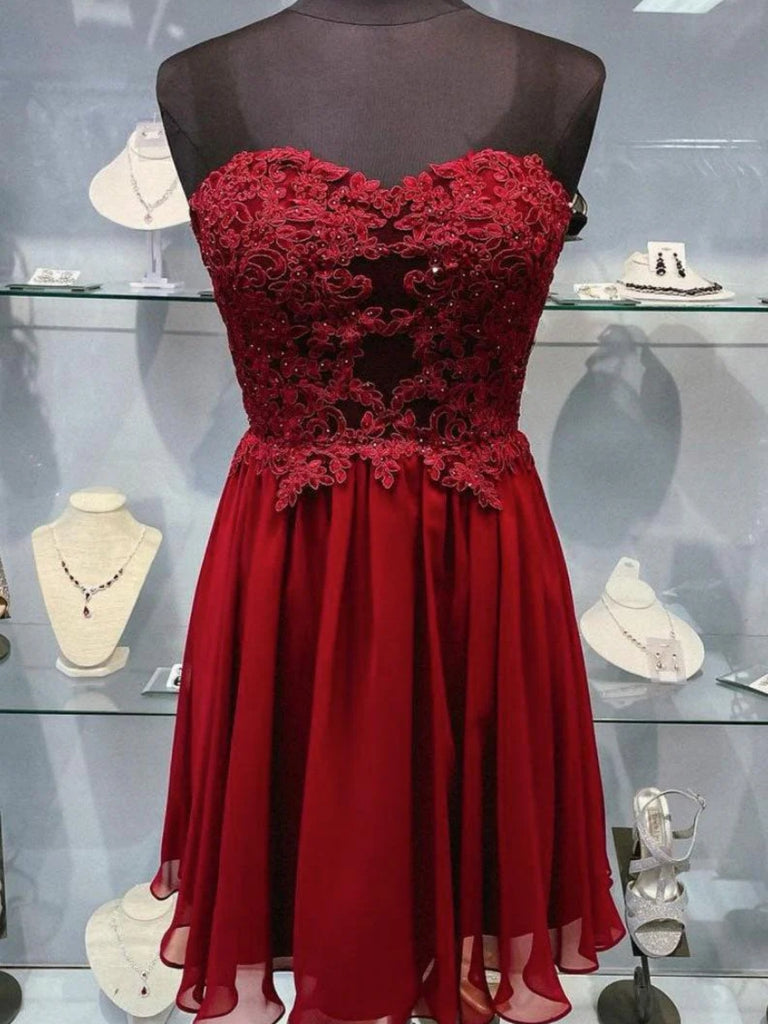 Cute Sweetheart Neck Burgundy Lace Short Prom Dresses, Burgundy Lace H – Shiny Party Cute Sweetheart Neck Burgundy Lace Short Prom Dresses, Burgundy Lace H – Shiny Party