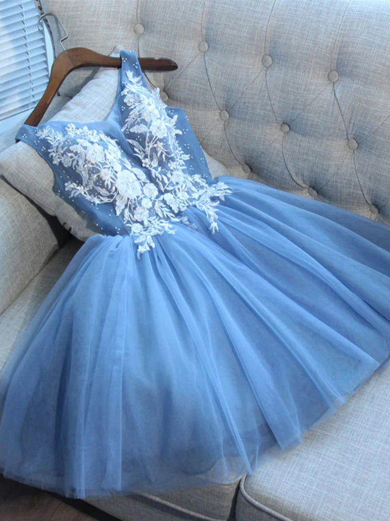 Cute V Neck Beaded Blue Prom Dresses with Lace Appliques, Blue Lace Homecoming Dresses, Short Blue Formal Graduation Evening Dresses SP2714