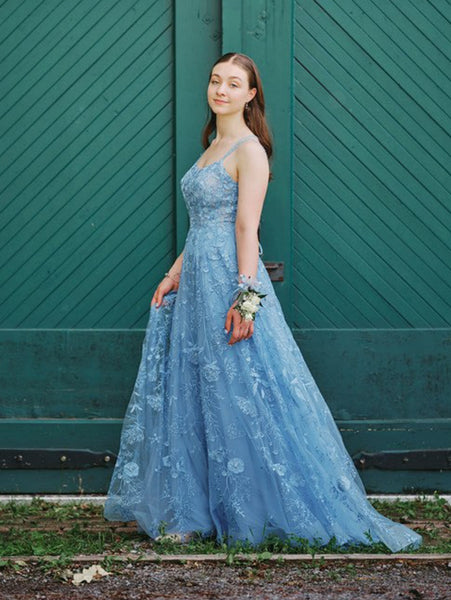 Elegant A Line High Slit Blue Lace Long Prom Dresses, Blue Lace Formal Graduation Evening Dresses SP3134