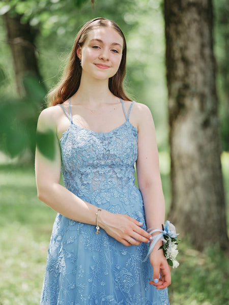 Elegant A Line High Slit Blue Lace Long Prom Dresses, Blue Lace Formal Graduation Evening Dresses SP3134