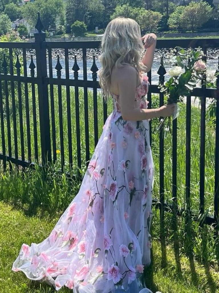 Elegant A Line V Neck Pink Long Prom Dresses with 3D Flowers, High Sli Shiny Party Elegant A Line V Neck Pink Long Prom Dresses with 3D Flowers, High Sli Shiny Party
