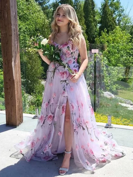 Elegant A Line V Neck Pink Long Prom Dresses with 3D Flowers, High Slit Pink Formal Graduation Evening Dresses SP3115