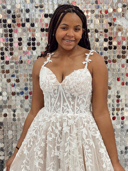 Elegant Champagne Lace Prom Dresses Long, Champagne Lace Formal Evenin