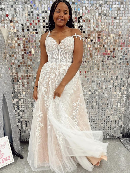 Elegant Champagne Lace Prom Dresses Long, Champagne Lace Formal Evenin