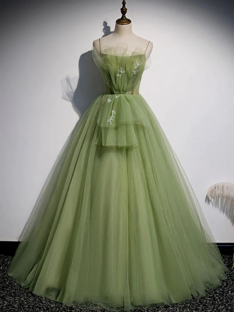 Elegant Green Tulle Long Prom Dresses, Green Formal Evening Dresses, Floral Ball Gown SP2799