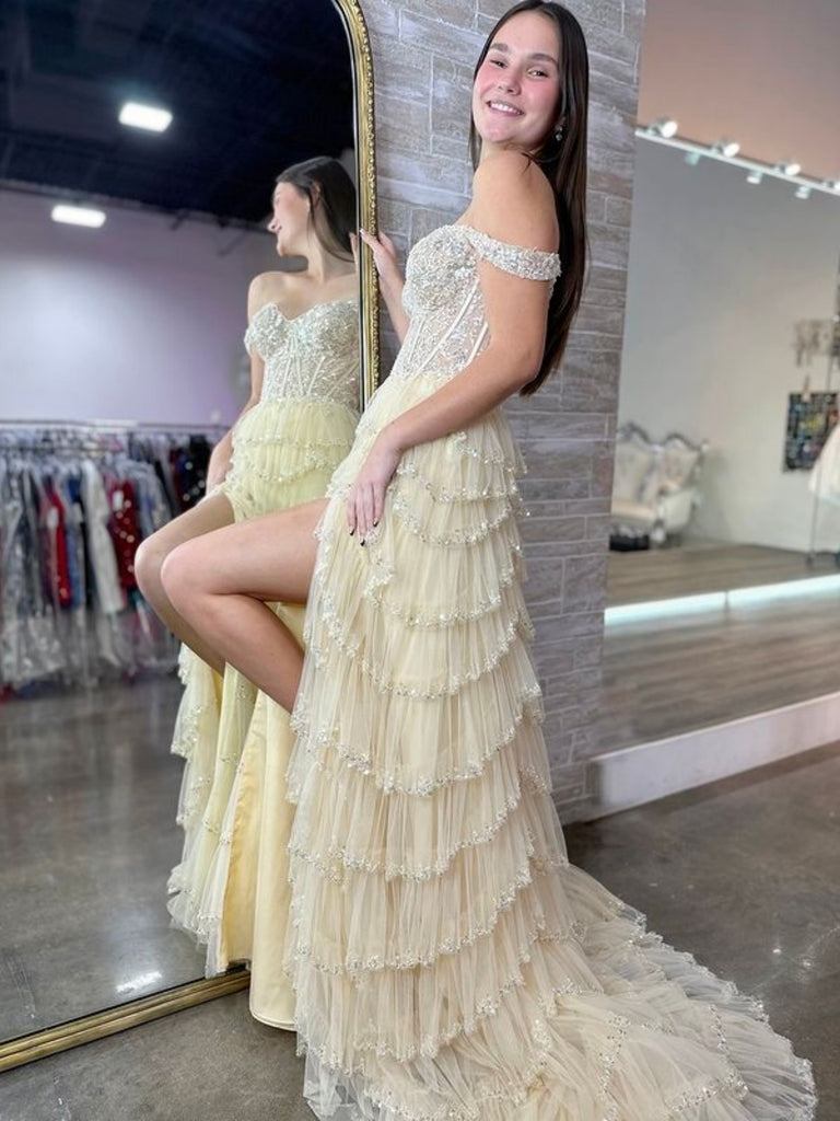Elegant Off Shoulder Champagne Lace Long Prom Dresses with High Split, Shiny Party Elegant Off Shoulder Champagne Lace Long Prom Dresses with High Split, Shiny Party