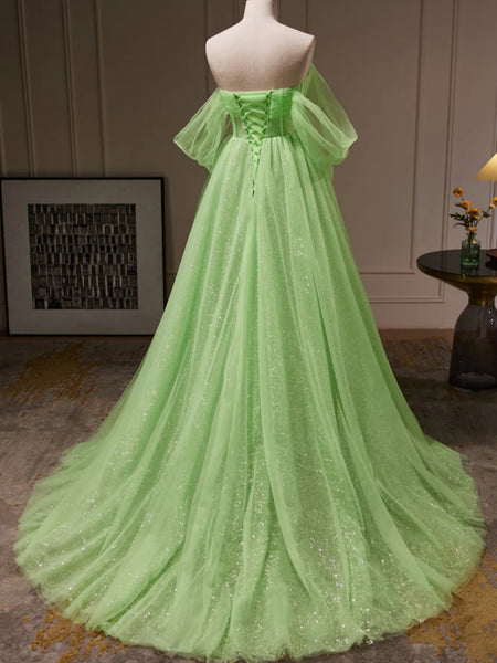 Elegant Off Shoulder Green Tulle Long Prom Dresses, Off the Shoulder Formal Dresses, Green Evening Dresses SP2741