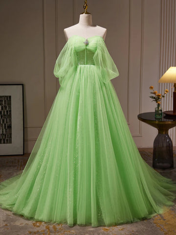 Elegant Off Shoulder Green Tulle Long Prom Dresses, Off the Shoulder Formal Dresses, Green Evening Dresses SP2741