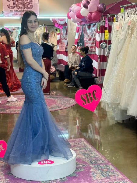 Elegant Off Shoulder Mermaid Blue Lace Long Prom Dresses, Mermaid Blue Formal Dresses, Blue Lace Evening Dresses SP3088