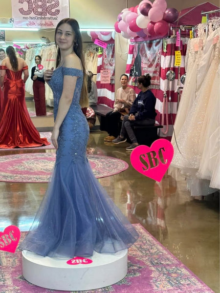 Elegant Off Shoulder Mermaid Blue Lace Long Prom Dresses, Mermaid Blue Formal Dresses, Blue Lace Evening Dresses SP3088